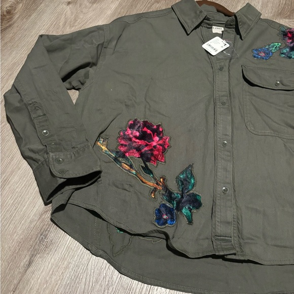 New We The Free by Free People Velvet Roses Green Utility Military Shirt Top - Picture 6 of 13